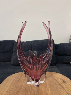 Josef Hospodka for Chřibská Pink Art Glass Basket Vase 1960s like new