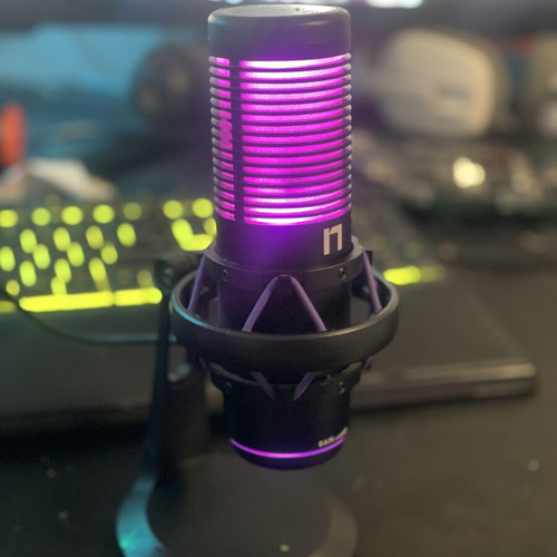 Nemesis NC90 gaming microphone used with RGB lighting and stand