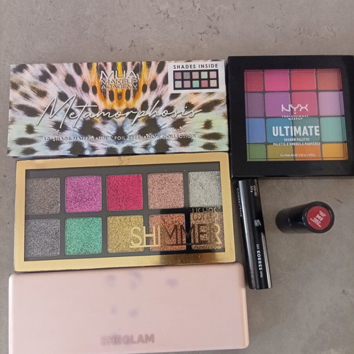Makeup set new with NYX, Ushas, MUA, Sheglam palettes, Korres concealer, red lipstick