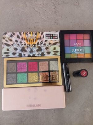 Makeup set new with NYX, Ushas, MUA, Sheglam palettes, Korres concealer, red lipstick