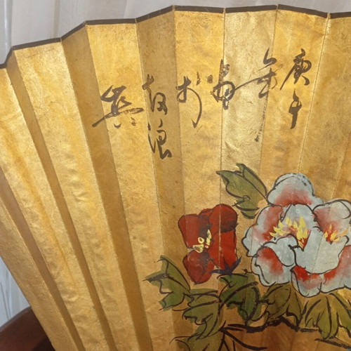 Large decorative Asian art wall fan with peacock feathers and peonies, vintage