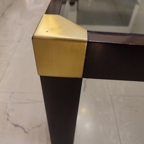Varagkis walnut coffee table like new with brass details and smoked glass