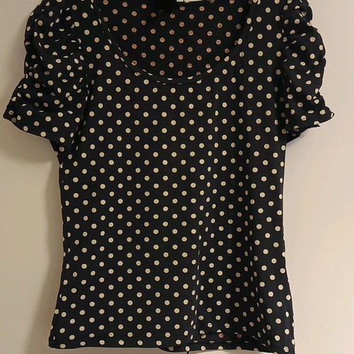 H&M blouse with balloon sleeves, blue with beige polka dots, like new, size L