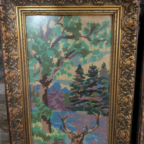 Embroidered paintings used with baroque frames, 1950s, hunting scenes
