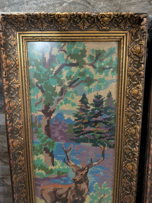 Embroidered paintings used with baroque frames, 1950s, hunting scenes