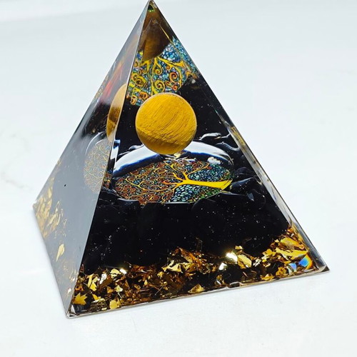 Orgonite pyramid with Tiger's Eye and Tree of Life like new