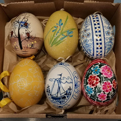 Collection of six used handmade eggs with painting and carvings