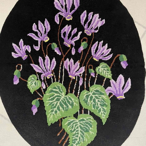 Handmade embroidery "Purple Cyclamens on Black Background" like new