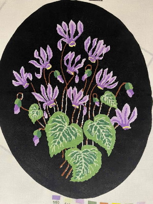 Handmade embroidery "Purple Cyclamens on Black Background" like new