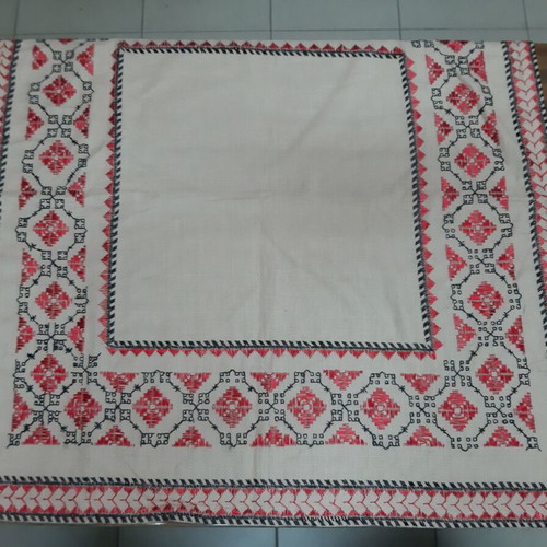 Vintage Hand Embroidered Tablecloth 1960s Silk Red and Black