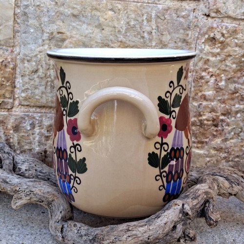Vintage Handmade Greek Ceramic Vase Pot with Peacock Design, like new