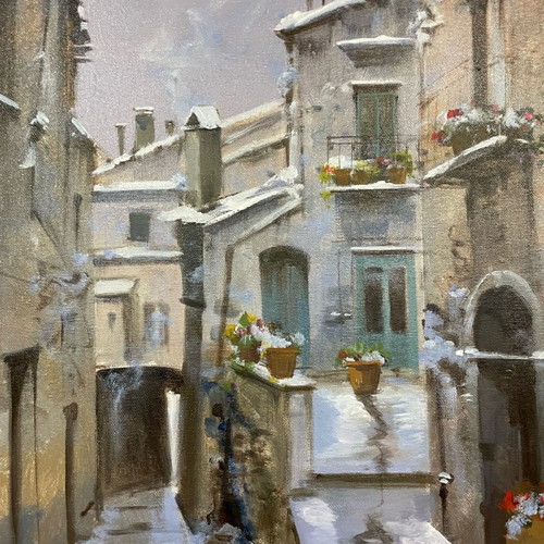 Artwork on canvas with snowy landscape
