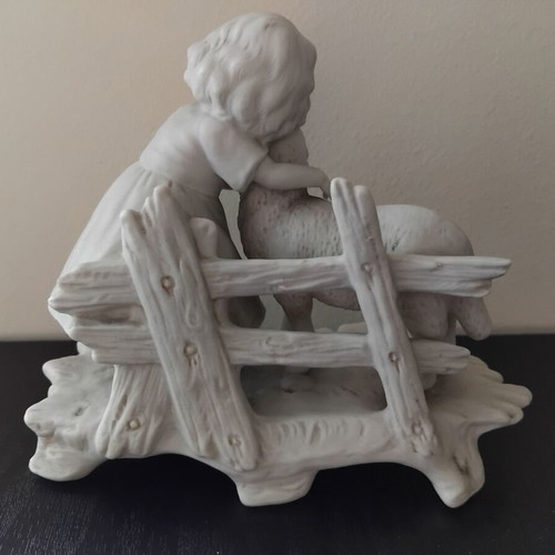 Micro sculpture girl with lamb used, vintage porcelain figurine