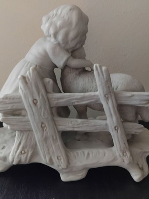 Micro sculpture girl with lamb used, vintage porcelain figurine