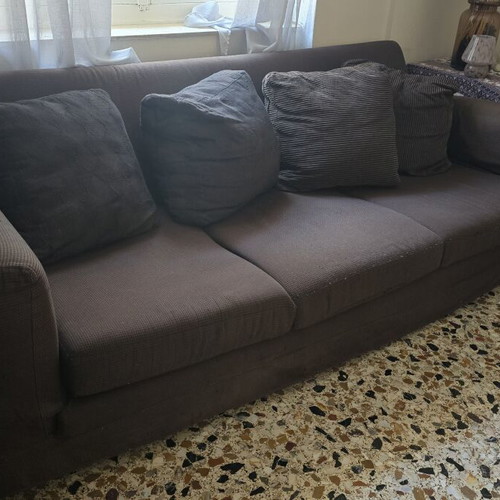 Three-seater sofa dark brown used, comfortable fabric with zipper