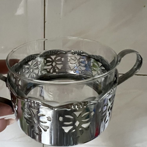 Coffee set with metal holders like new, includes tray and sugar bowl