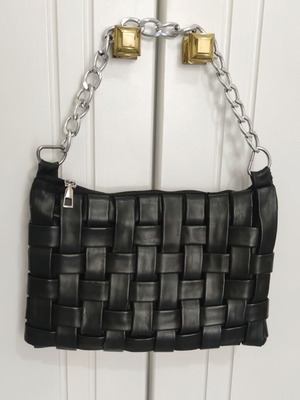 Black shoulder bag with chain strap, synthetic leather