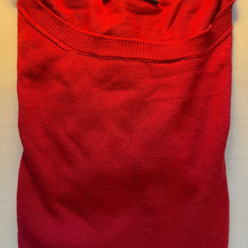 Red pullover with silver cuff buttons, wool and cotton, size M