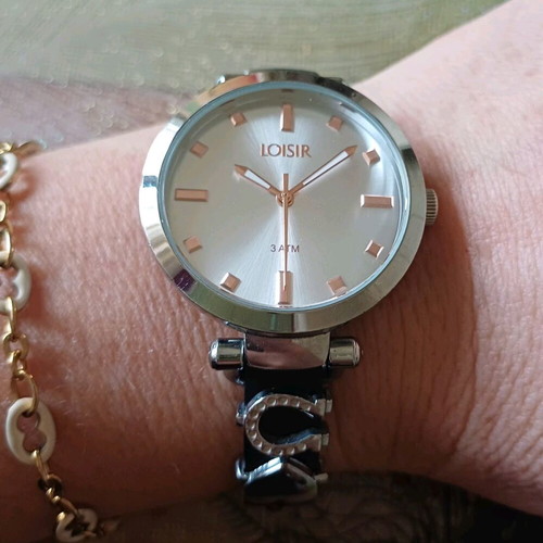 Loisir women's watch like new with black leather strap and rose gold details