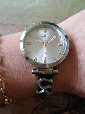 Loisir women's watch like new with black leather strap and rose gold details