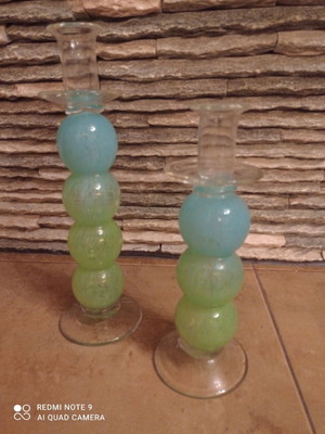 Colored candle holders used, set of two, sizes 32 and 25 cm