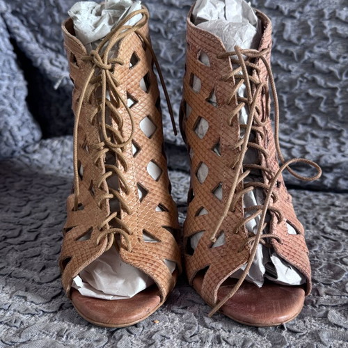 Leather lace-up heels Artisan used, beige, size 36, cut-out design