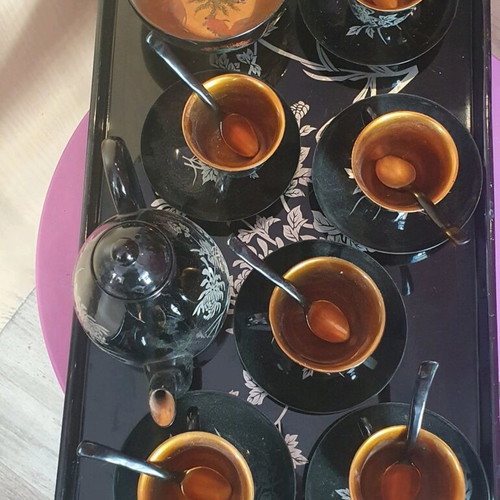 Antique Japanese style tea set from the 60s, wooden lacquered, 21 pieces