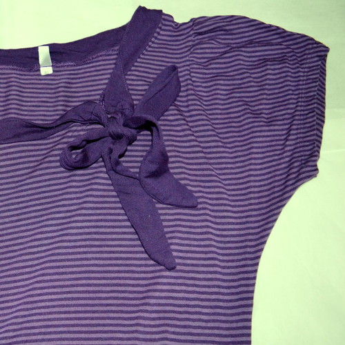 Y2K Purple Striped Cap Sleeve Top with Neck Bow Detail Size S/M