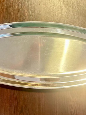 Oval stainless steel serving platter fish-shaped with gold details like new