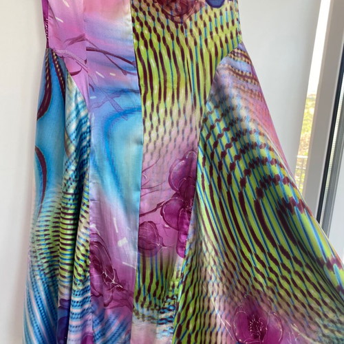 Vintage Y2K long satin dress like new, handmade, multicolor blue