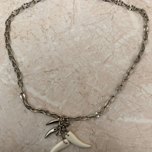Necklace with plastic and metal fangs