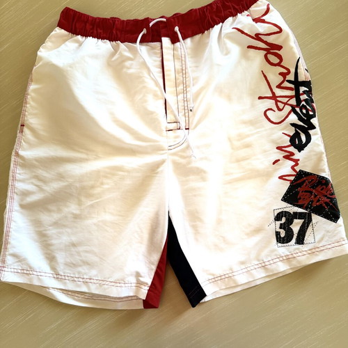 Men's Swim Shorts Large white/red with graffiti prints, like new