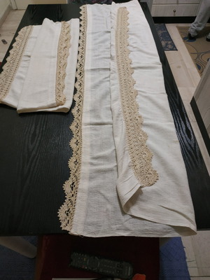 Woven curtains with handmade lace new, set of two, beige