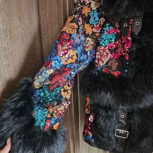 Azaka Fur Outerwear Onesize with Faux Leather and Sequin Embroidery, New