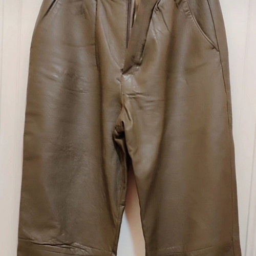 Vintage women's high-waisted leather pants, khaki green, made in Italy