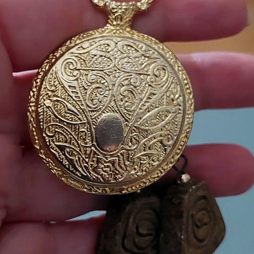 Vintage handmade boho necklace with pocket watch pendant and ceramic stones like new