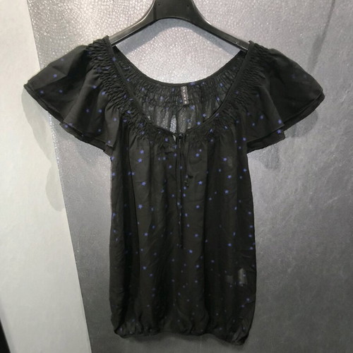 Amisu blouse black semi-transparent with blue stars new, small-medium