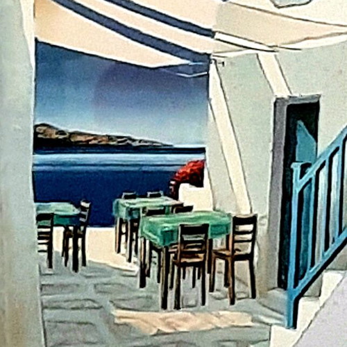 Λιθογραφία Ταβερνάκι σε Ελληνικό νησί Pierre Bertaux Marais σαν καινούργιο