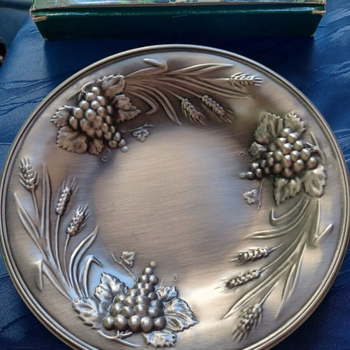 Metal Decorative Plate with Embossed Grapes and Wheat used, with box