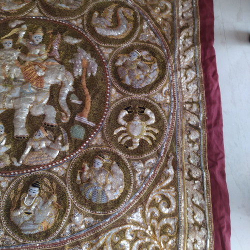 Kalaga used tapestry from Myanmar with embossed zodiac motifs