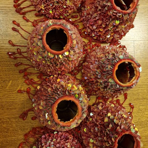 Vintage lampshades pack of 5 with red iridescent sequins and bead fringes used