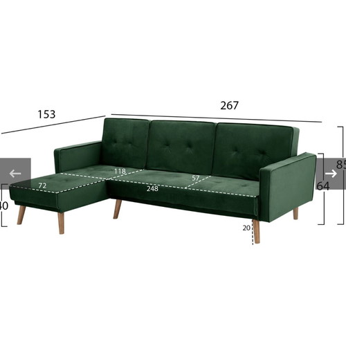 Green velvet sofa bed L-shape used with wooden legs