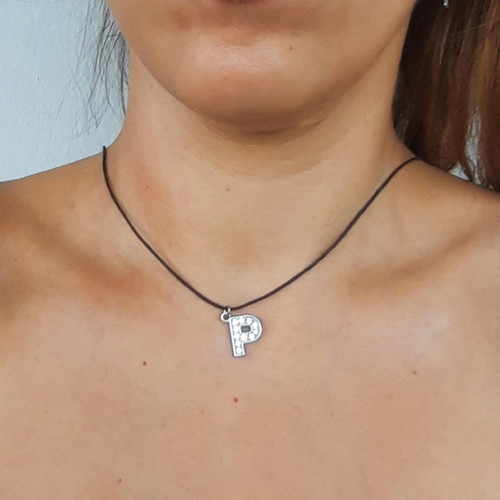 Necklace with letter R new, 925 silver with black cord