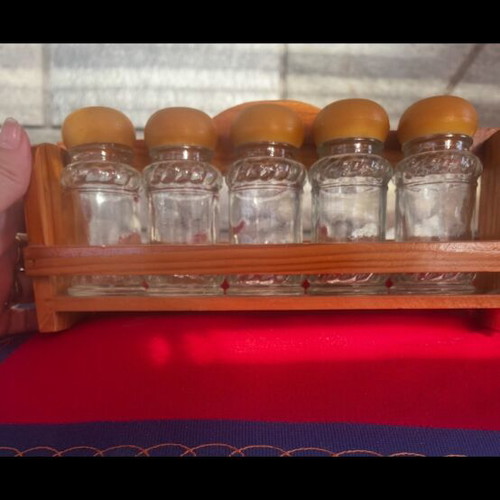 Spice jars set of 5 with wooden base new