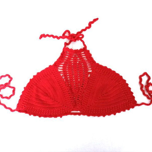 Handmade knitted bikini top size small new, red