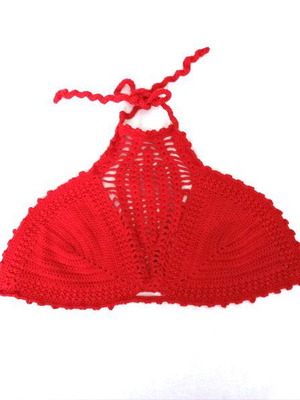 Handmade knitted bikini top size small new, red