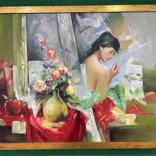 Oil painting used, unique with golden frame, girl theme
