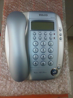 Wired telephone with caller ID, silver and blue