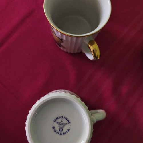 Vintage porcelain coffee or tea mugs with gold trim and fruit design, set of 6