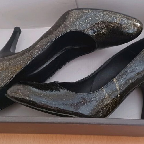 Saint Clair leather pumps new, black with bronze veins, 10 cm heel